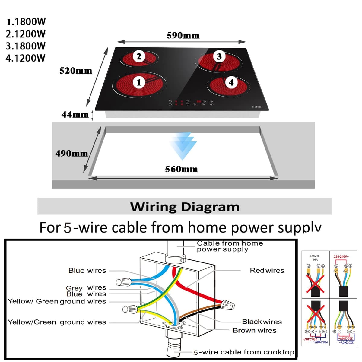 Hobsir hob Ceramic Hob 60 cm Electric Hob 4 Zone with Touch Control 6000W 9 Power Levels Safety Lock Auto switch off safety Residual heat indicator Hard Wire, No Plug Included — view 2
