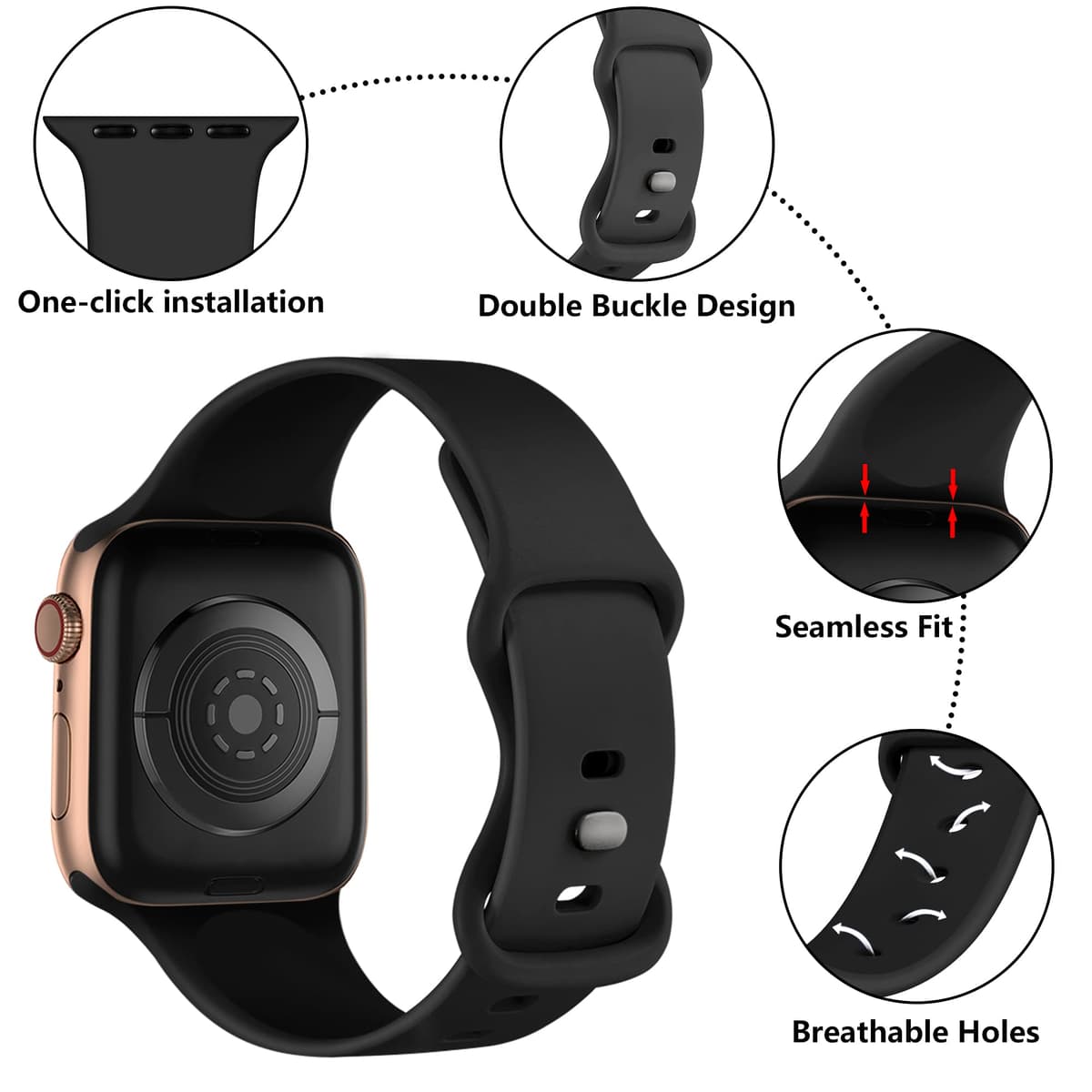 Epova Silicone Strap Compatible with Apple Watch Strap 40mm 38mm 41mm 42mm, Replacement Straps for iWatch SE 3 Series 11 10 9 8 7 6 5 4 3 2 1, Black, Small — view 6