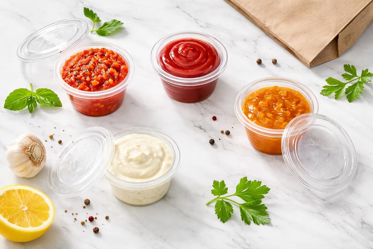 Salseros Plástico PET Transparente con Tapa – Mini Tapers de plástico 30ml 60ml 100ml – Envases Salsa Individuales Pack 100 300 1000 – Take Away Hostelería (50, Transparente, 60 cc) — view 3