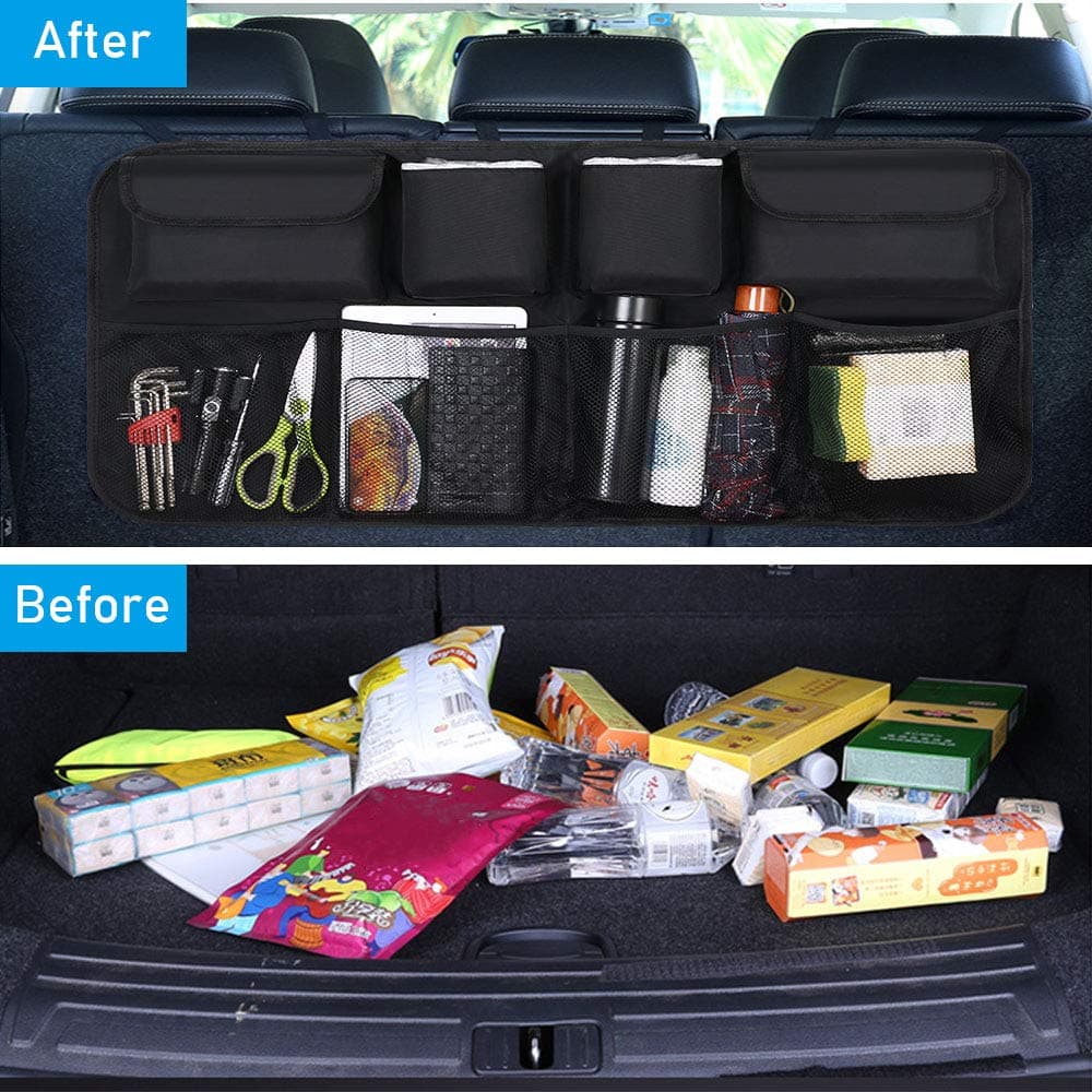 URAQT Car Boot Organiser Waterproof Kick Mats Car Organiser Seat Back Protectors, Multi-Pocket Children's Travel Storage, Durable Foldable Cargo Net Storage for Car Backseat Cover — view 2