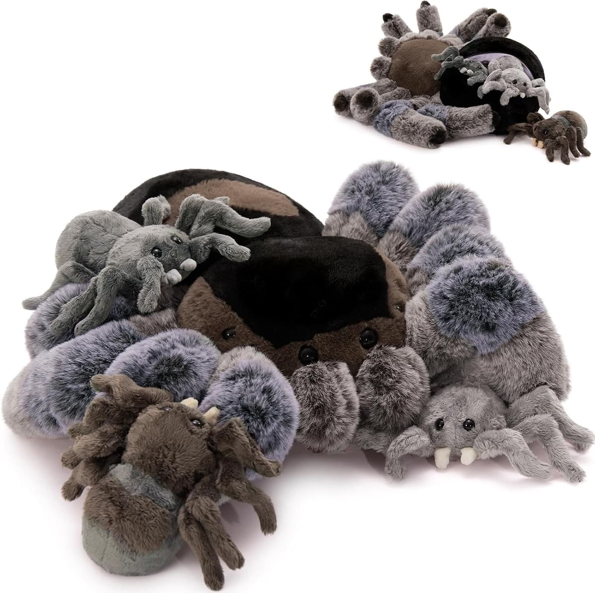 MorisMos 4Pcs Big Spider Teddy Soft Toy, 40cm Big Spider with 3 Cuddly Baby Inside, Large Fluffly Realistic Kawaii Plush Gift for Kids Birthday
