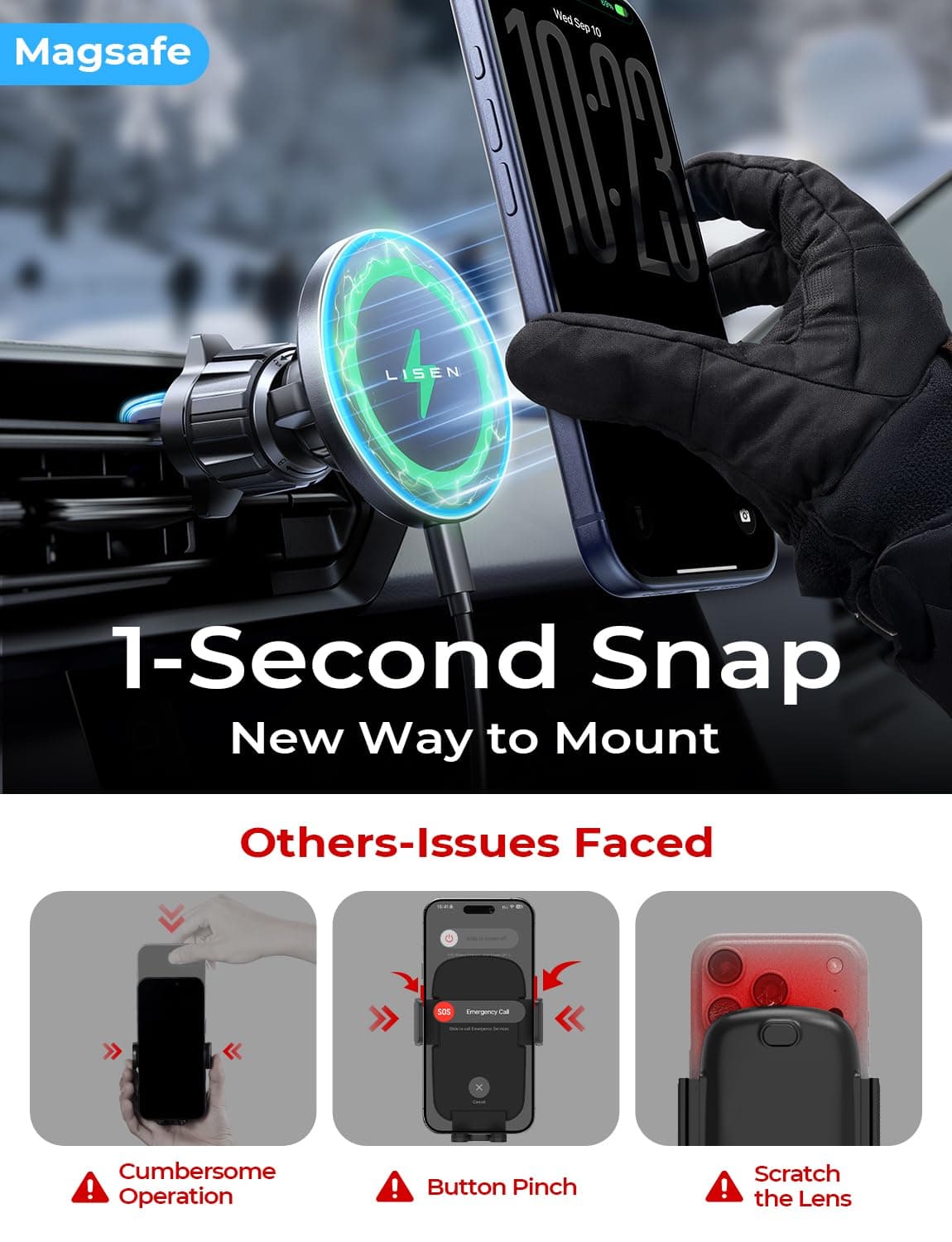LISEN for Wireless Magsafe Car Mount Charger [15W Top Charge] Car Phone Holder Wireless Charger for iPhone 17 Pro Max Magnetic Phone Holder Cars for iPhone 17 Pro Max Air 16 15 14 Magsafe Accessories — view 5