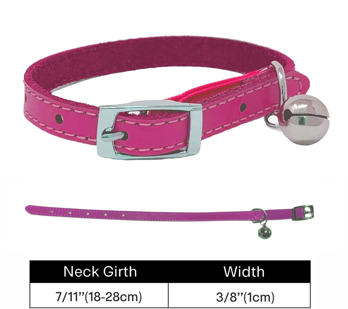 Genuine Leather Cat Collar with Safety Elastic & Bell with Optional Personalised Engraved Tag (Pink, 25mm Glitter Paw Tag) — view 3