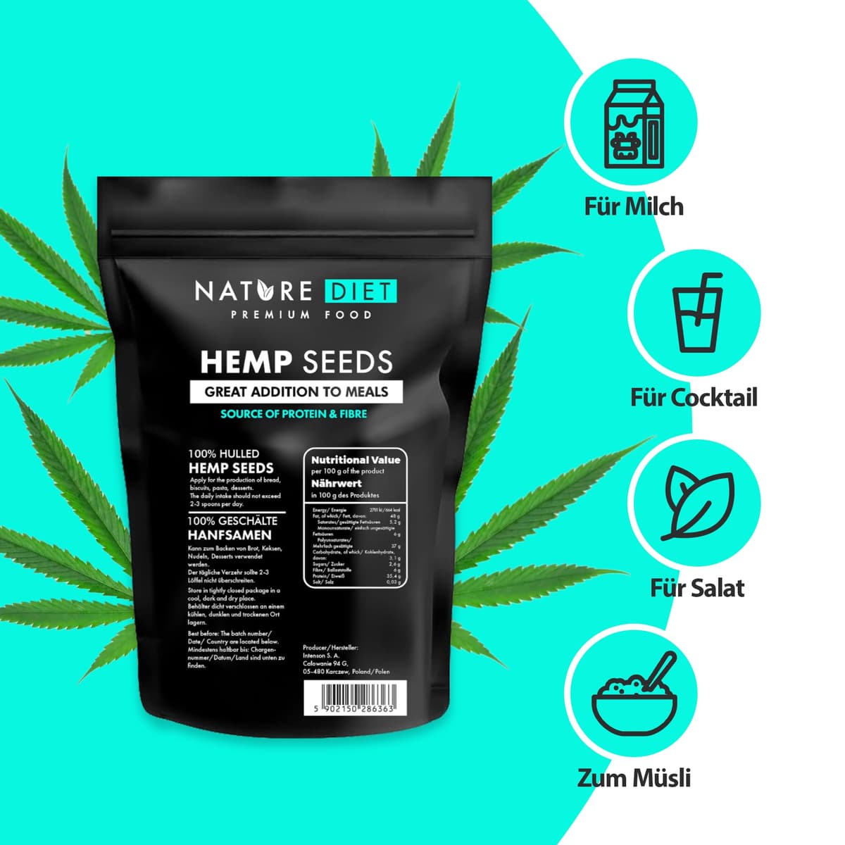 Nature Diet Semillas de Cáñamo 1000g | Peladas | Sin Gluten & Veganas | Ricas en Proteínas y Fibra | Fuente de Omega 3 & 6 | Superalimento para una Nutrición Diaria — view 5