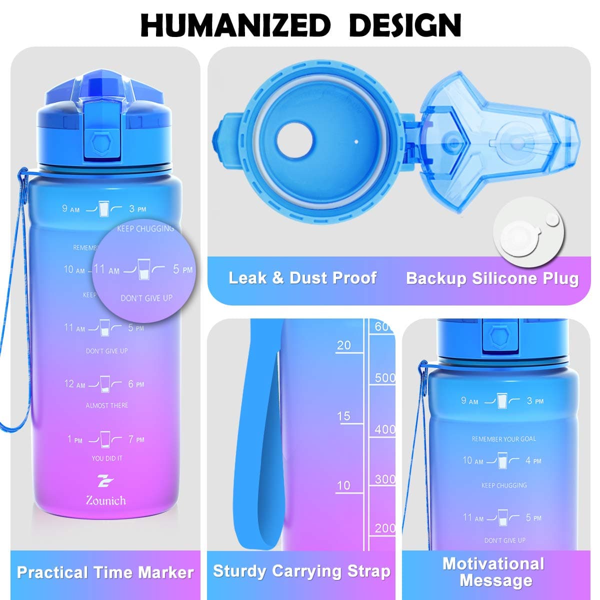 ZOUNICH Botella Agua Deporte, Botella Agua Niños sin BPA Reutilizable Plástico Tritan - 500 ml / 700 ml / 1 l, Cantimploras para Te con Filtro, para Infantil, Gimnasio, Bicicleta — view 2