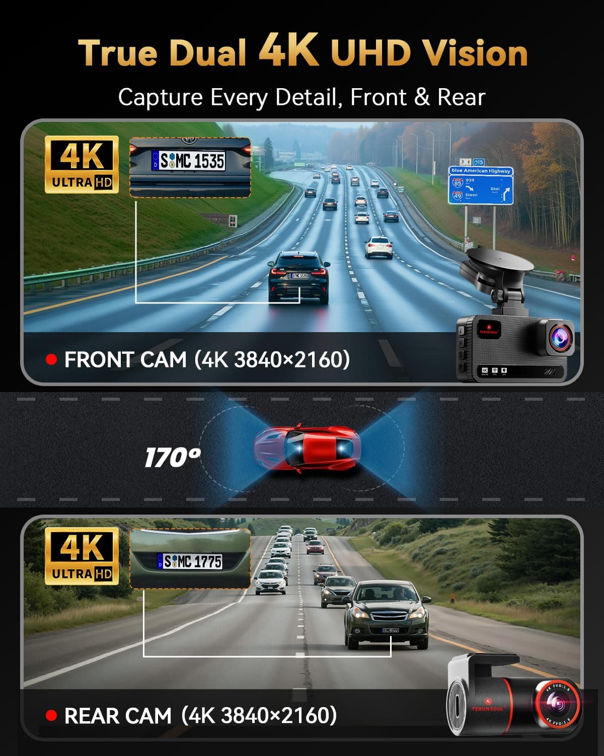 TERUNSOUl 4K+4K Dash Cam Front and Rear, Free 128GB Card Included, 5.8GHz WiFi Dash Camera for Cars, Built-in GPS, G-Sensor, 170°Wide Angle, 3" IPS Screen, 24H Parking Mode, Support 512GB Max — view 2