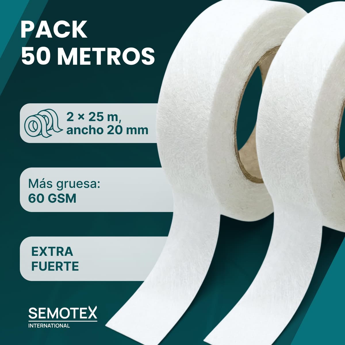 Cinta Termoadhesiva para Dobladillos EXTRA FUERTE - 50 Metros x 20 mm - Cinta Adhesiva Dobladillos. Cinta para Cortinas, Bajo Pantalón, Vestidos, Vaqueros - 20 milímetros ancho — view 2