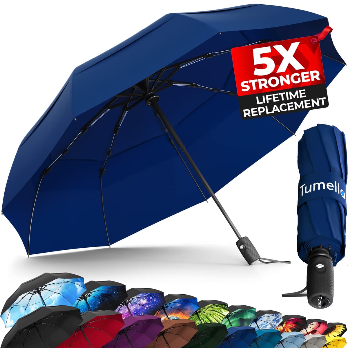 TUMELLA Strongest Windproof Travel Umbrella (Compact, Superior & Beautiful), Small Strong but Light Portable and Automatic Folding Rain Umbrella, Durable Premium Grip, Fits Car & Backpack Black — view 9