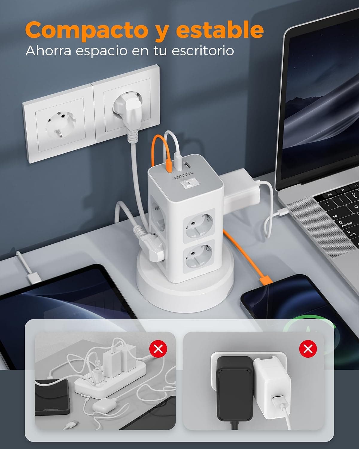 TESSAN Power Strip Sockets with USB C, 11 in 1 Vertical Power Strip with Switch, Tower Extension Plug with Retractable Extens — view 4