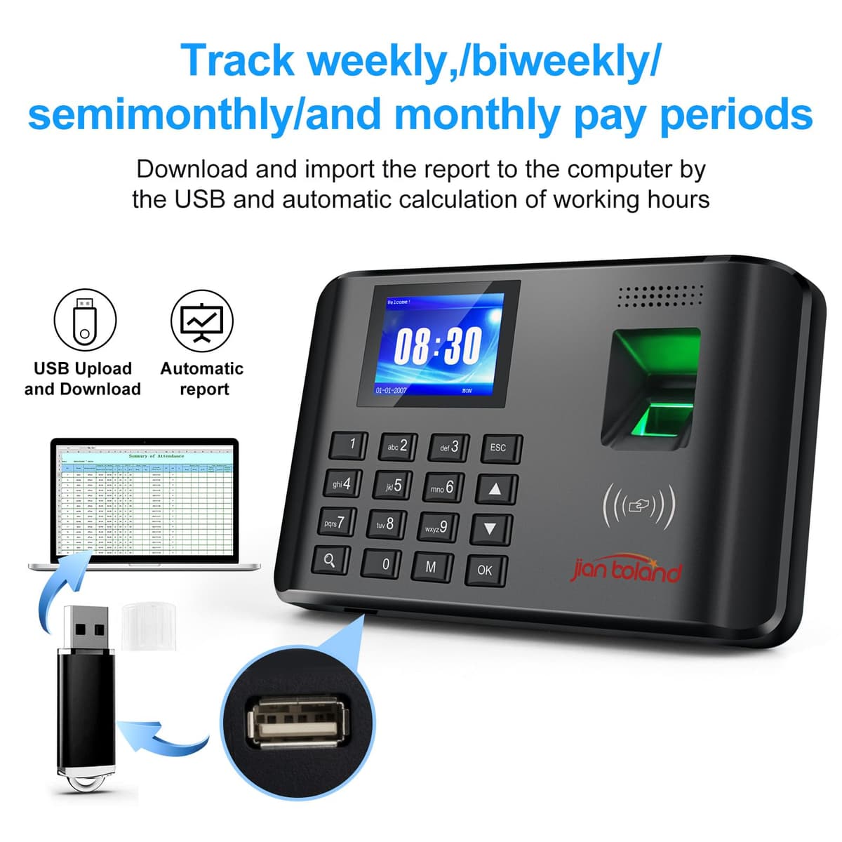 A5 Clocking in Machine for Employees Small Business-Fingerprint, RFID and PIN Biometric Time Clock, Office Punch Clock, with 5 Badges (0 Monthly Fees) — view 3