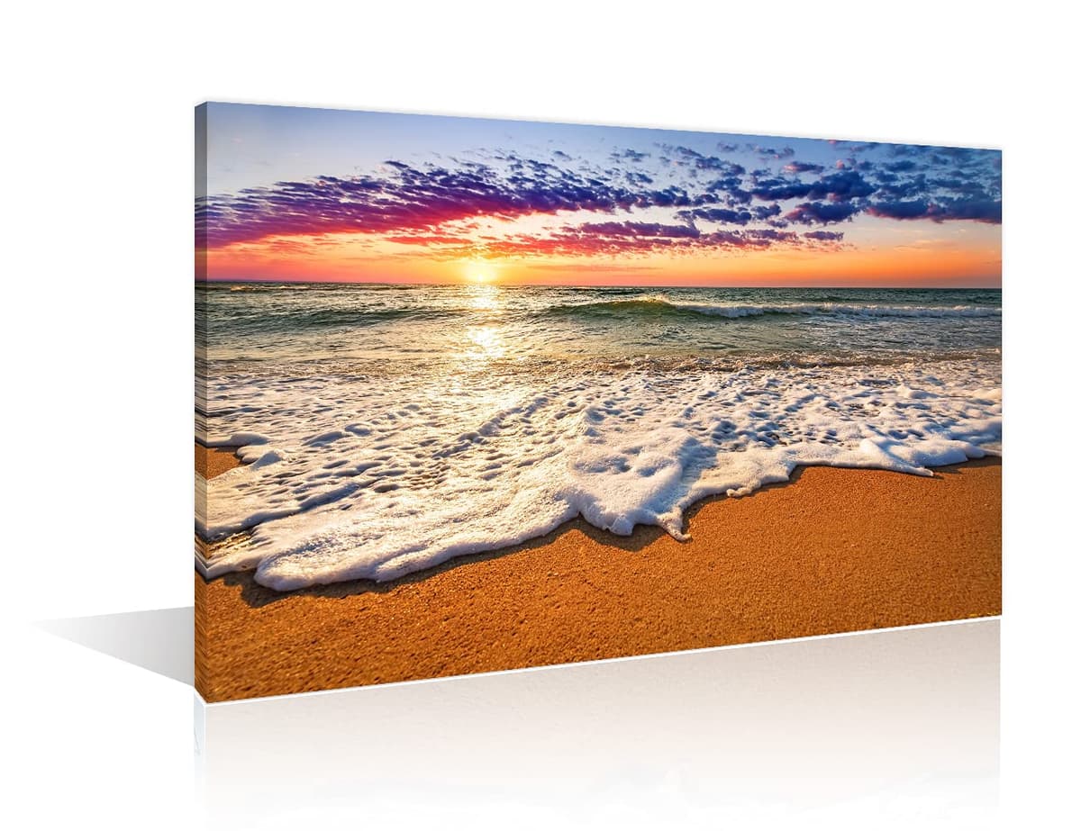 TISHIRON Wall Art Sandy Beach Sunrise Pictures Painting on Canvas Wall Art Modern Framed Seaside Canvas Prints Ready To Hang(24X16in) — view 35