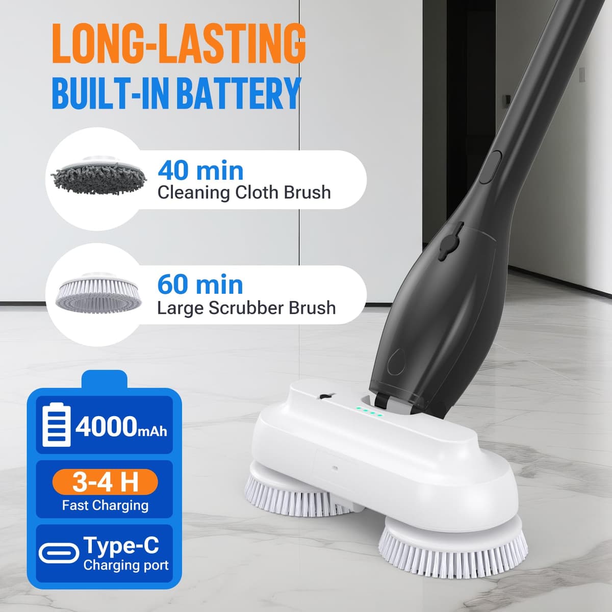 LifeBasis Fregona y Fregadora Eléctrica 2en1 con Pulverizador Impermeable IPX8,Tanque de Agua de 800ML,Fregadora Eléctrica y Mango Extensible Ajustable para Pisos de Mármol,Laminado,Madera y Baldosas — view 4