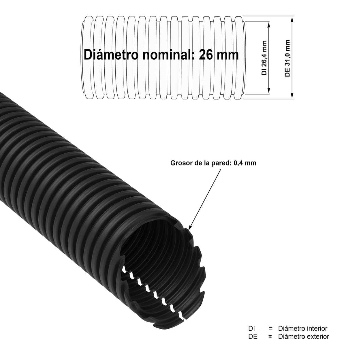 AUPROTEC Tubo Corrugado ranurado 2 a 50 m/Tubo de conducción ranurado/Resistente a los Rayos UV/Manguera Protectora de Cables Negro - Diámetro Interior 26 mm, Longitud 2m — view 5