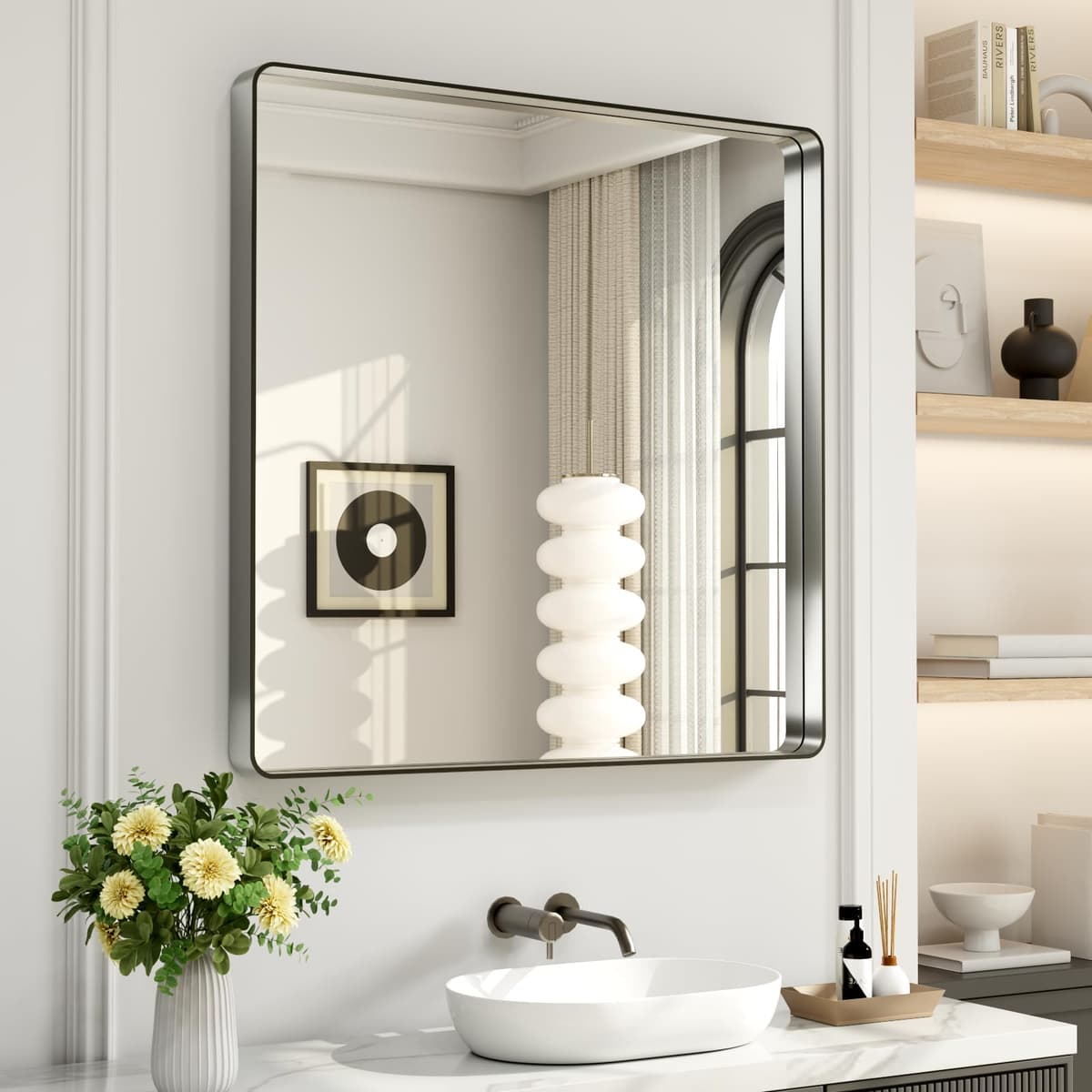 LOAAO 48”X36” Gold Bathroom Mirror, Rounded Rectangle Gold Frame Mirror, Brushed Gold Bathroom Vanity Mirror Wall-Mounted, Anti-Rust, Tempered Glass, Hangs Horizontally or Vertically — view 94