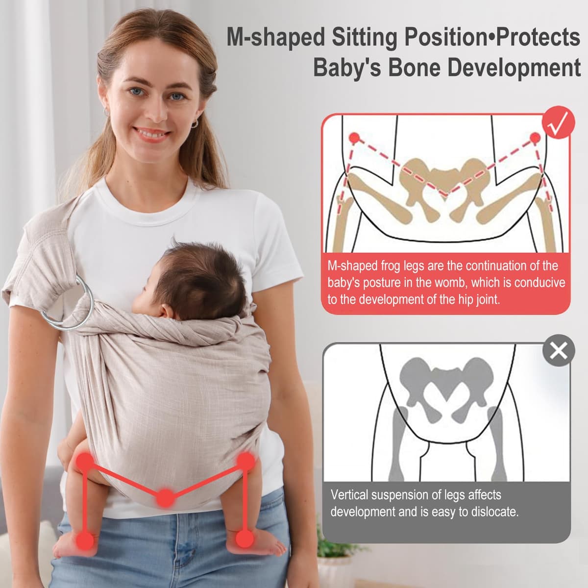 vrbabies Baby Sling Carrier for Newborn to Toddlers, Adjustable Breathable Muslin Double Ring Sling Wraps, Sling Holder Carrier Scarf, Ideal Baby Gift for New Parents (Grey) — view 3