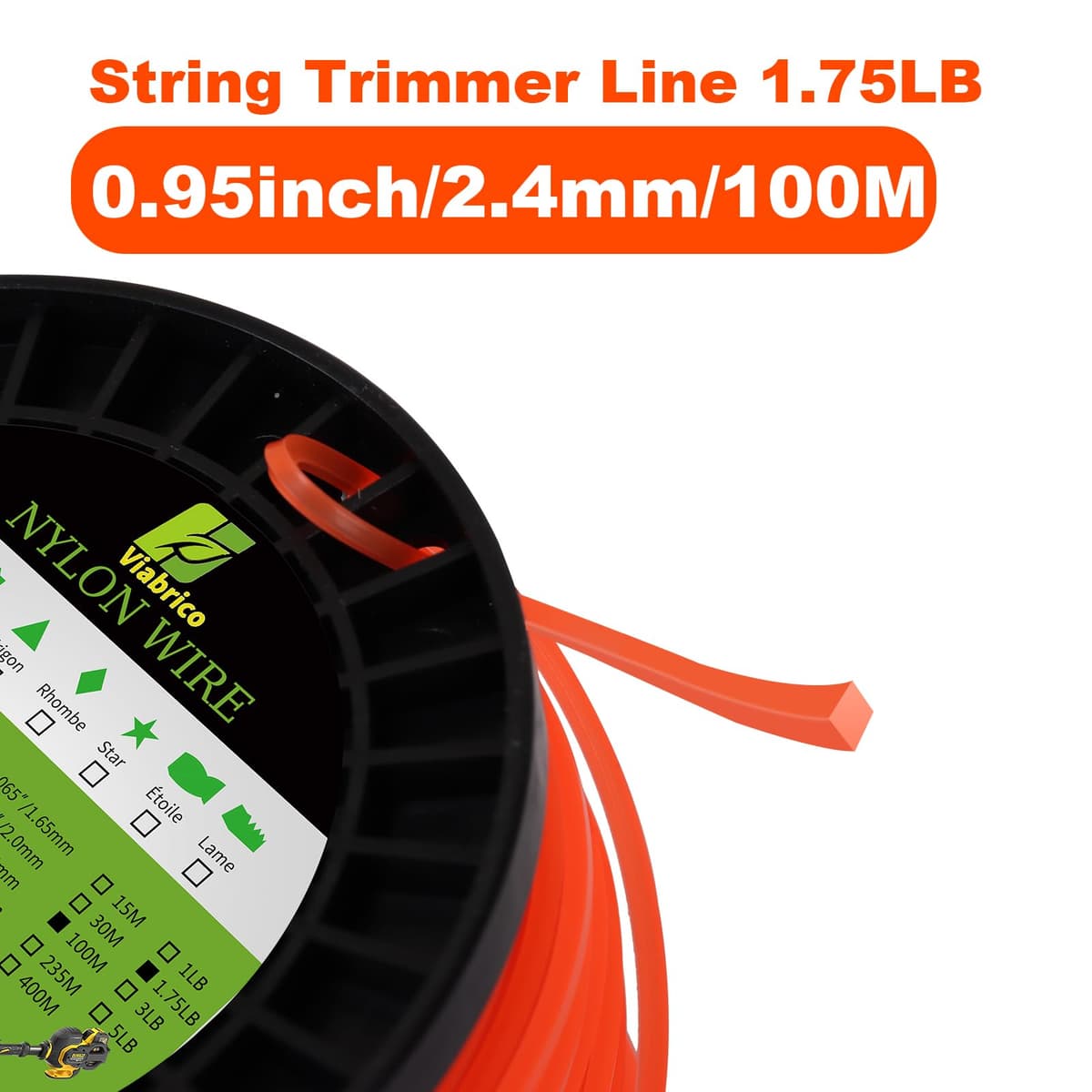 Viabrico String Strimmer Line Heavy Duty 2.4mm, strimmer Wire for Petrol strimmer, 2.4mm-100M-1.7lb-Spool — view 2