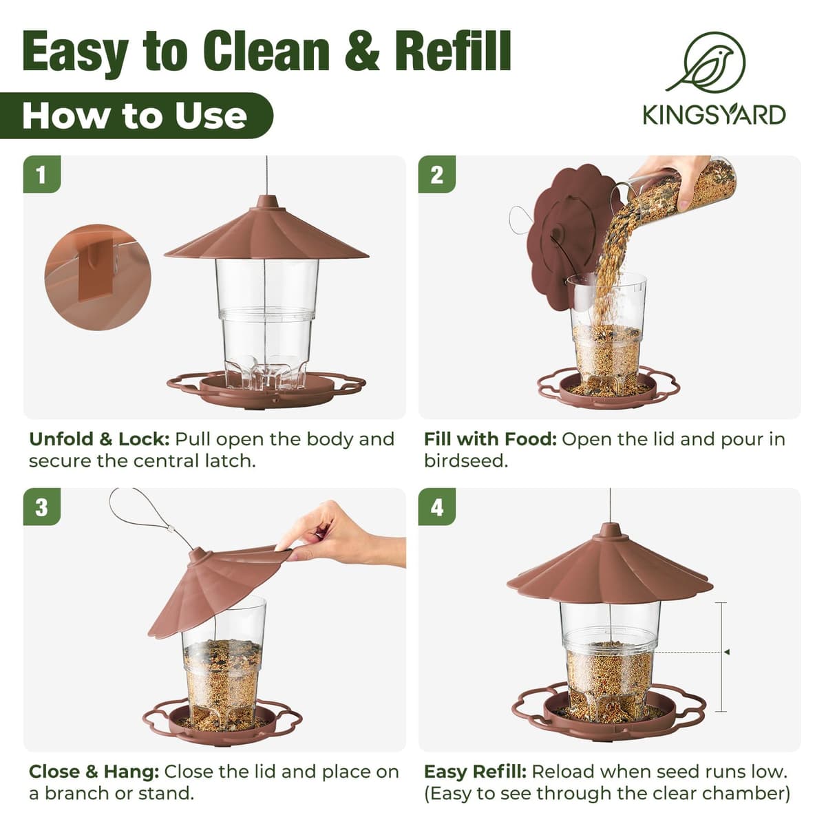 Kingsyard Bird Feeder for Outside Outdoors Hanging, Adjustable Hopper Feeders with Wide Seed Tray and Rainproof Roof, Wild Birds Feeder for Garden Backyard Decoration, 1 pack, Brown — view 5