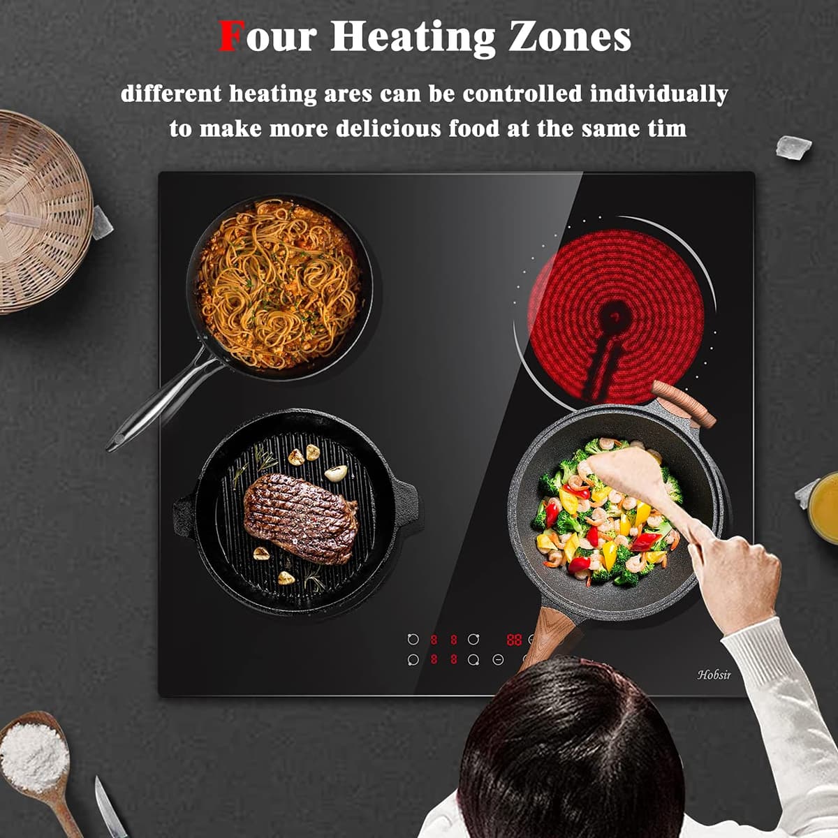 Hobsir hob Ceramic Hob 60 cm Electric Hob 4 Zone with Touch Control 6000W 9 Power Levels Safety Lock Auto switch off safety Residual heat indicator Hard Wire, No Plug Included — view 5