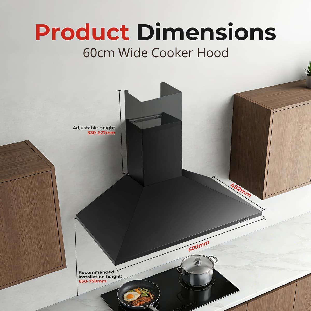 SNDOAS 60 cm Cooker Hood, Extractor Hood, Class A+++, 3-Speed Wall Mounted Range Hood, 400m³/h Extractor Fan kitchen with Carbon Filters, Black — view 4