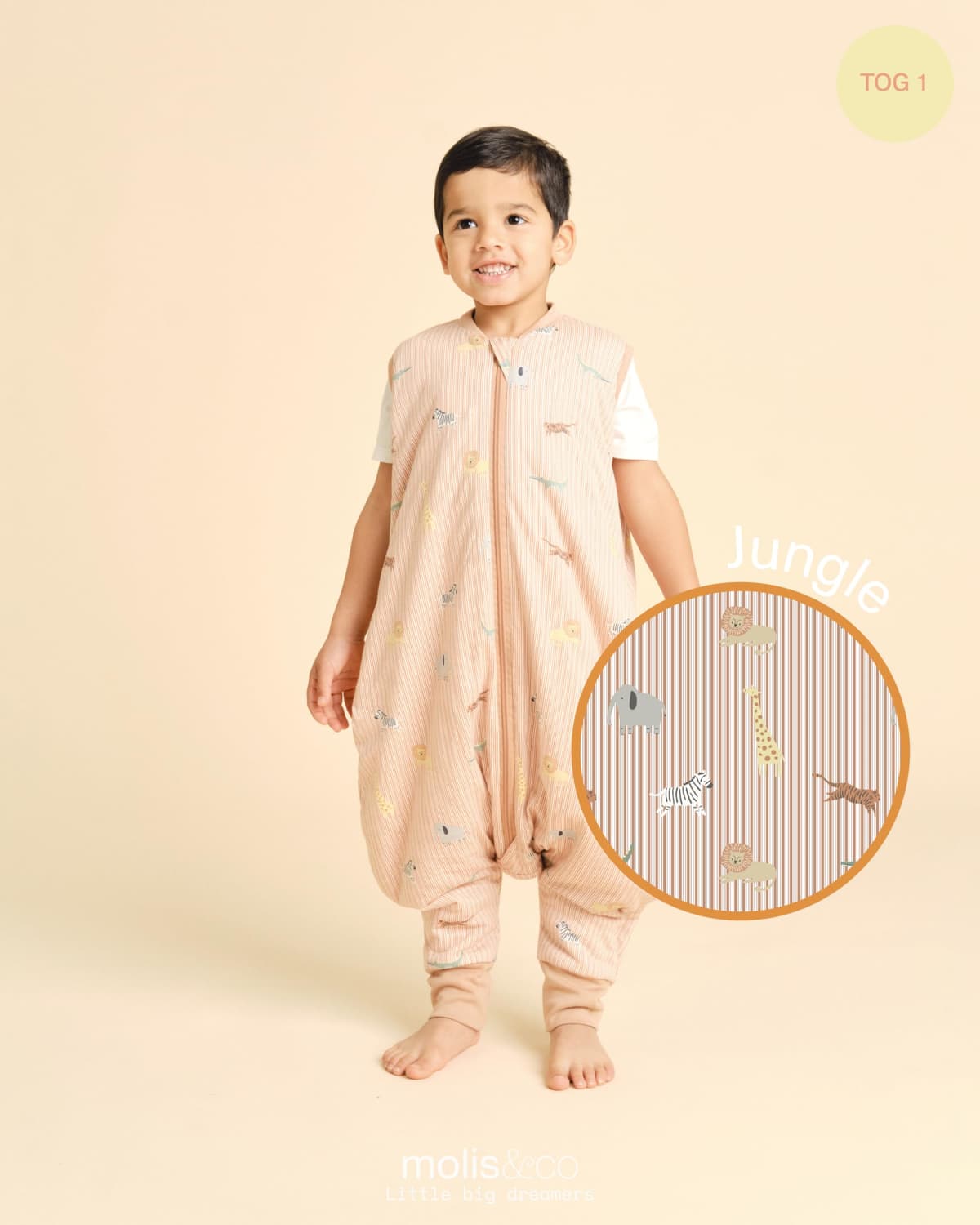 molis&co - Pijama Manta con Pies 1.0 TOG - 90 cm (3 años) - Ideal para Primavera y Otoño - 100% Algodón (Oeko-Tex 100) - Jungle — view 4