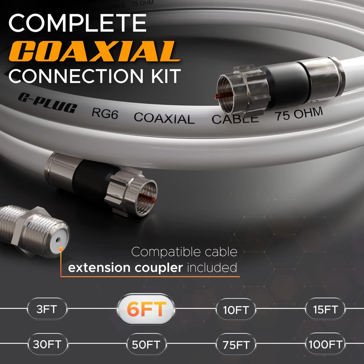 G-PLUG 6FT RG6 Coaxial Cable Connectors Set – High-Speed Internet, Broadband, Digital TV Aerial, Satellite Extension – Weather-Sealed Double Rubber O-Ring and Compression Connectors – White — view 2