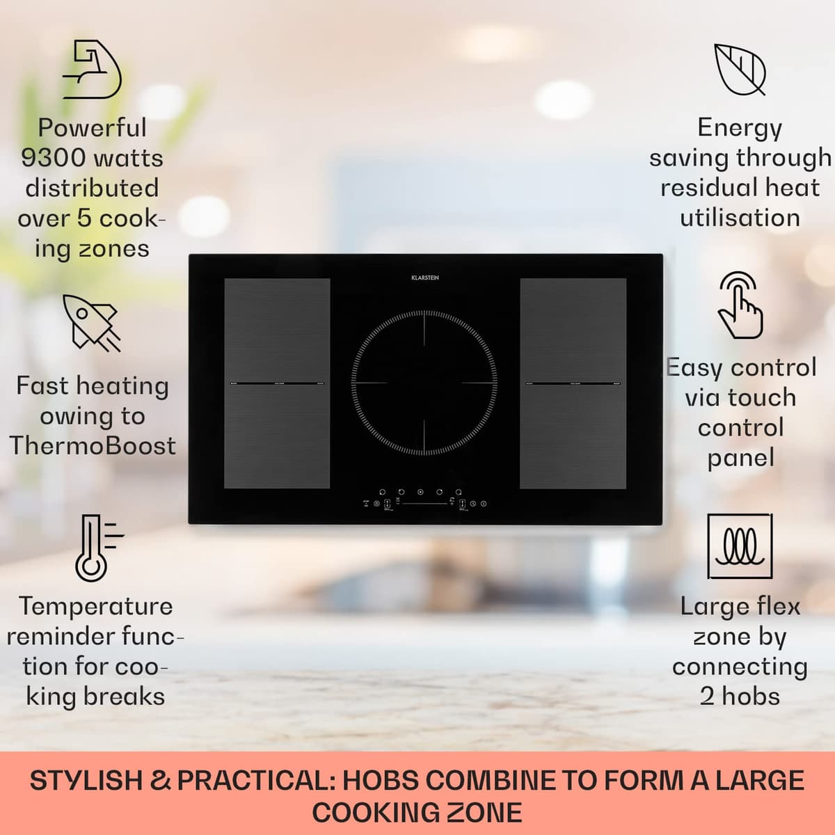 Klarstein Induction Hob, 9300W Electric Hobs Induction Cooker, 5 Ring Electric Pan Hob, Built-In Table Top Cookers w/ 5 Hobs, Touch Control, Inductions Heater Cooktops, Hot Plates for Cooking — view 2