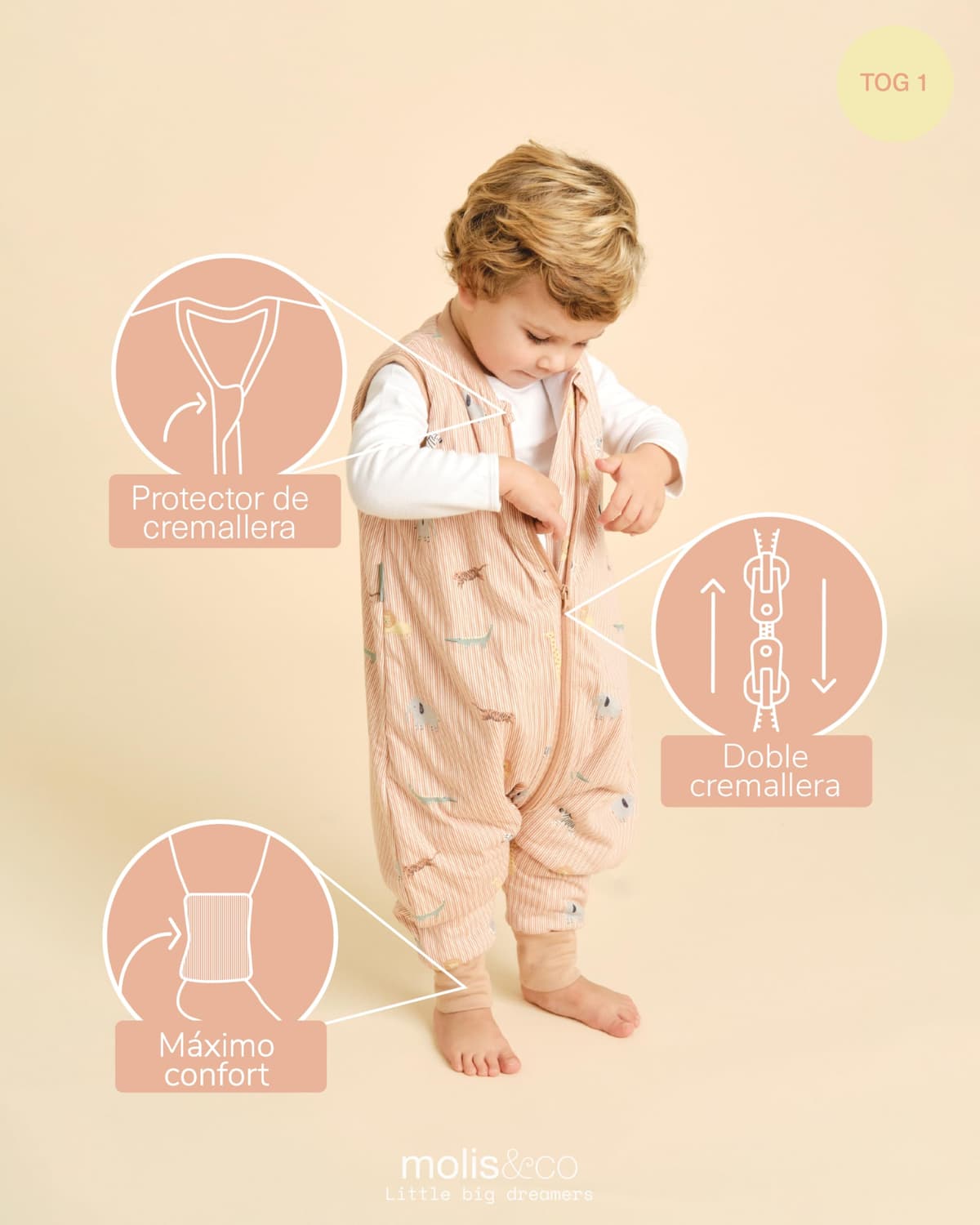 molis&co - Pijama Manta con Pies 1.0 TOG - 90 cm (3 años) - Ideal para Primavera y Otoño - 100% Algodón (Oeko-Tex 100) - Jungle — view 3