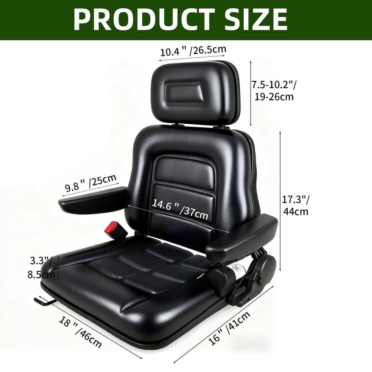 Universal Adjustable Forklift Seat, Tractor Seat with Armrest Headrest and Automatic Seatbelt, 26-27.5 In Height Adjustable Waterproof Loader Forklift Seat for Garden Tractor, Bucket, Excavator — view 3