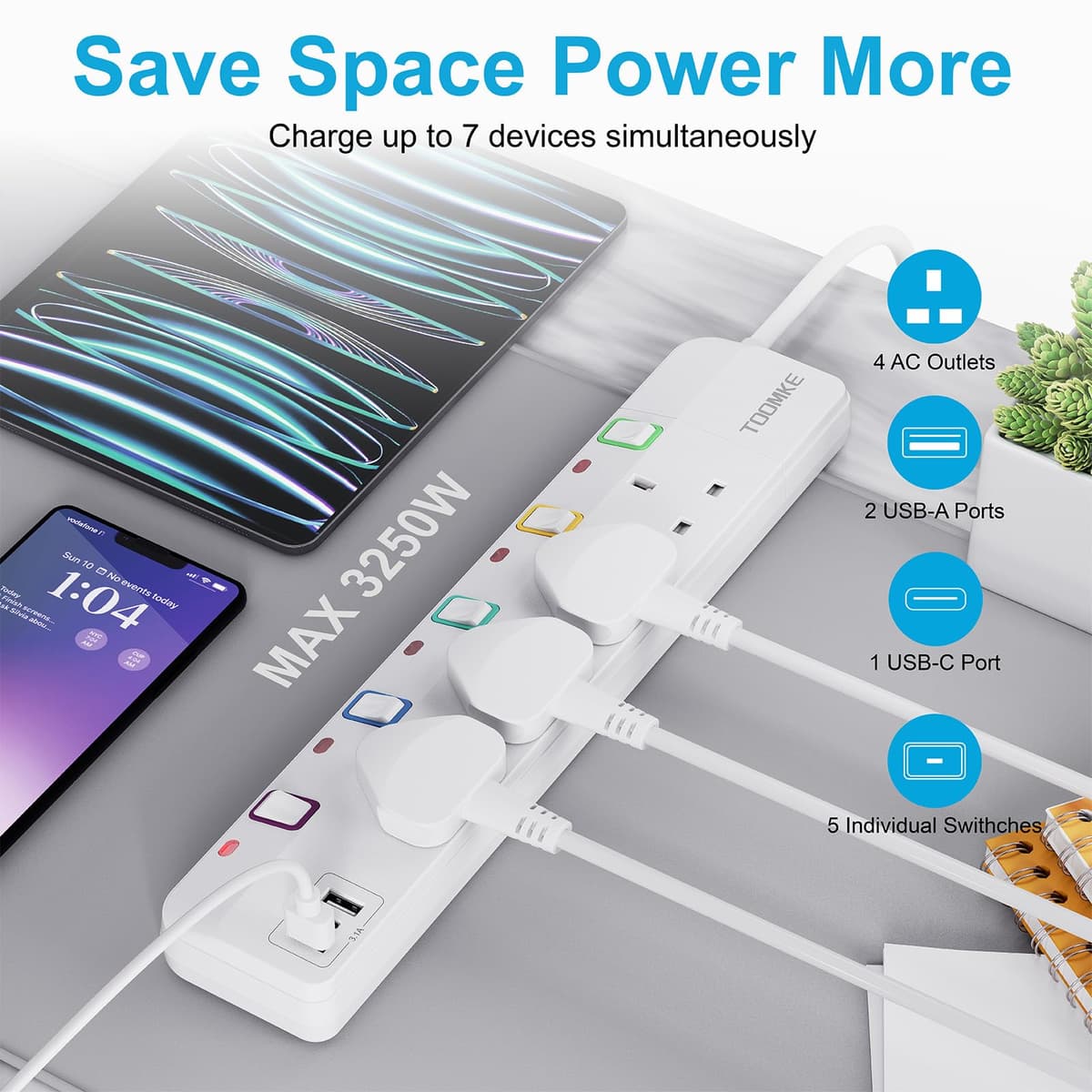 10M Extension Lead with Switches, 4 Way Extension Lead with 3 USB Ports (2 USB-A&1 USB C), Child Safety Protection Power Strip UK Plug Extension Socket 10 Meters Power Cord for Home Office — view 2