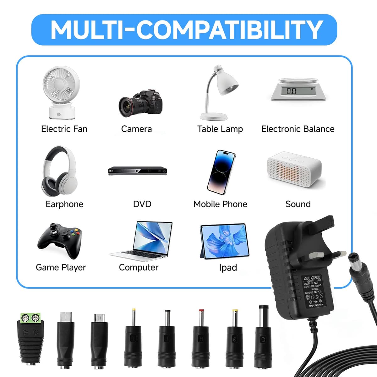 12V 2A Power Supply AC Adapter with 8 DC Plug Tips, Universal AC to DC Converter for LED Strip Lights, CCTV Camera, Router, TV Box and Other 12V Devices, 24W Max Output — view 5