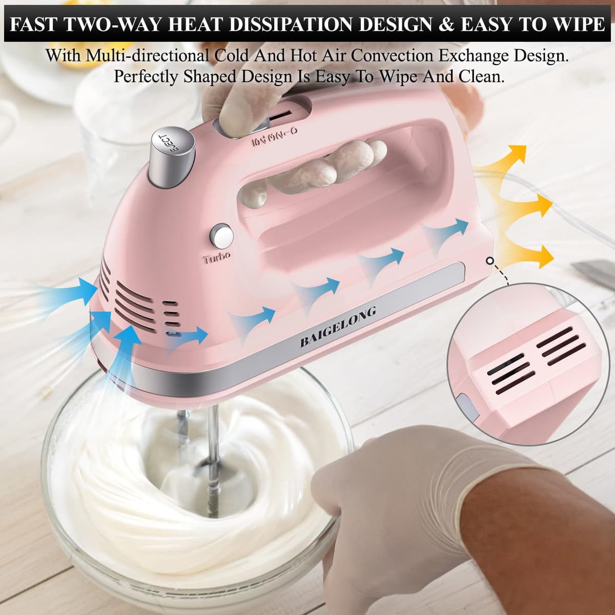 BAIGELONG Hand Electric Mixer, 300W Ultra Power Food Kitchen Mixer with 5 Self-Control Speeds + Turbo Boost, 5 Stainless Steel Attachments Handheld Blender for Baking, PINK — view 5