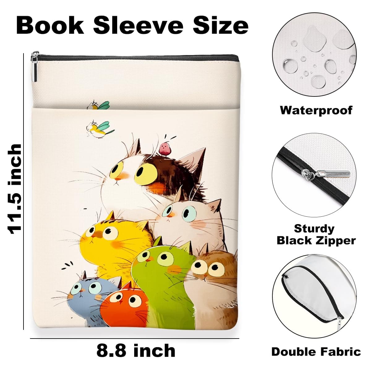 Cartoon Cat Bird Book Sleeve, Book Lovers Gifts Sleeve with Zipper & Front Pocket, 11.5x8.8 Inch Canvas Books Cover Protector Bookish Cat Lover Gifts for Readers Women Friend Birthday Gift — view 2
