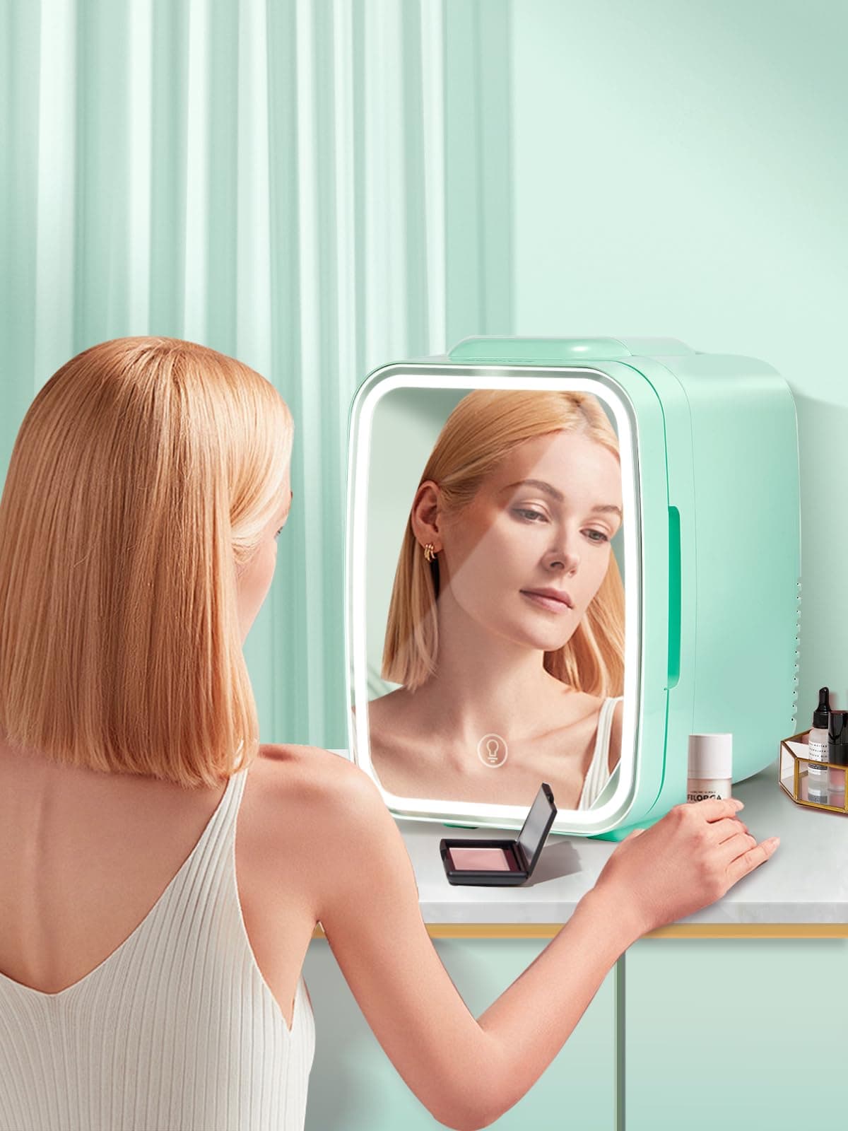 FOHERE Mini Fridge for Bedrooms, 5L/6 Can Portable Skincare Fridge with Dimmable LED Light Mirror, Cooler & Warmer for Food, Drinks and Cosmetic (Green) — view 4