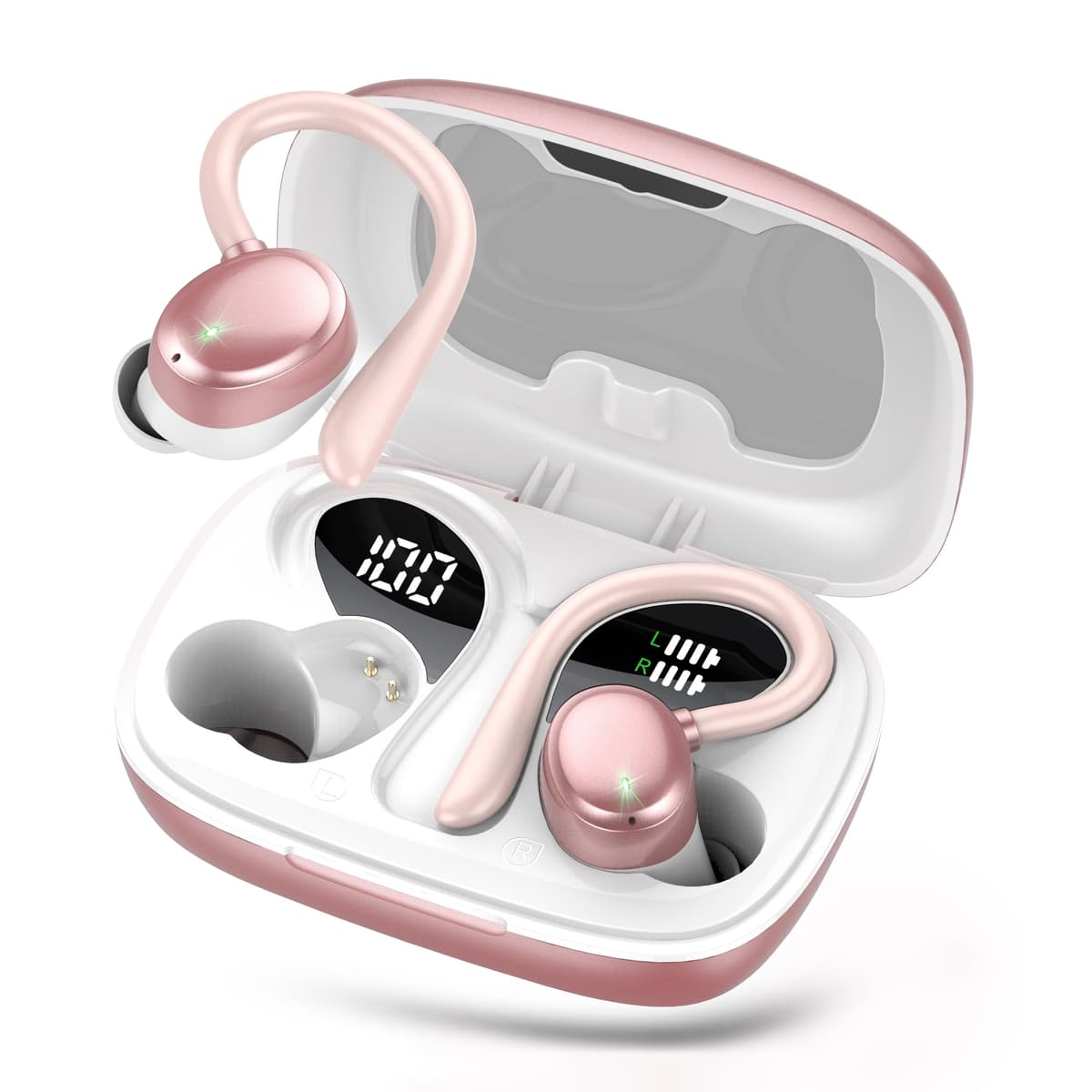 Auriculares Inalambricos, Auriculares Bluetooth 5.3 Deportivos con Gancho de la Oreja, 72H Cascos Inalambricos Bluetooth con Cancelacion Ruido ENC, Pantalla LED, Ajuste Cómodo,IPX7 Impermeable Cascos