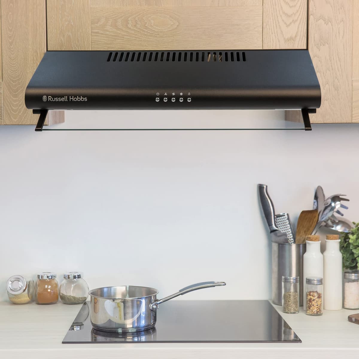 Russell Hobbs 60cm Wide Visor Cooker Hood in Black Steel, 3 Speed Settings, Washable Filters, LED Lights, Low Noise, Extraction and Recirculation, Premium Push Button Controls, RHVSRCH602B-M — view 4