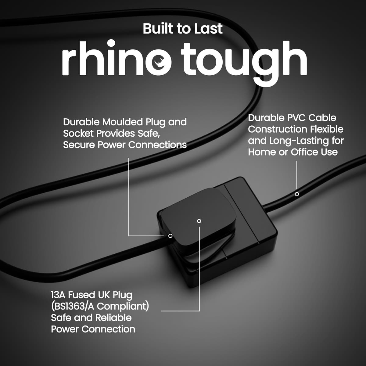 rhinocables Extension Wire UK | 13A One-Way Socket Lead for Home, Office & Workshop Setups | Safe BS1363/A 230V Cable with Robust Build, White (1m) — view 4