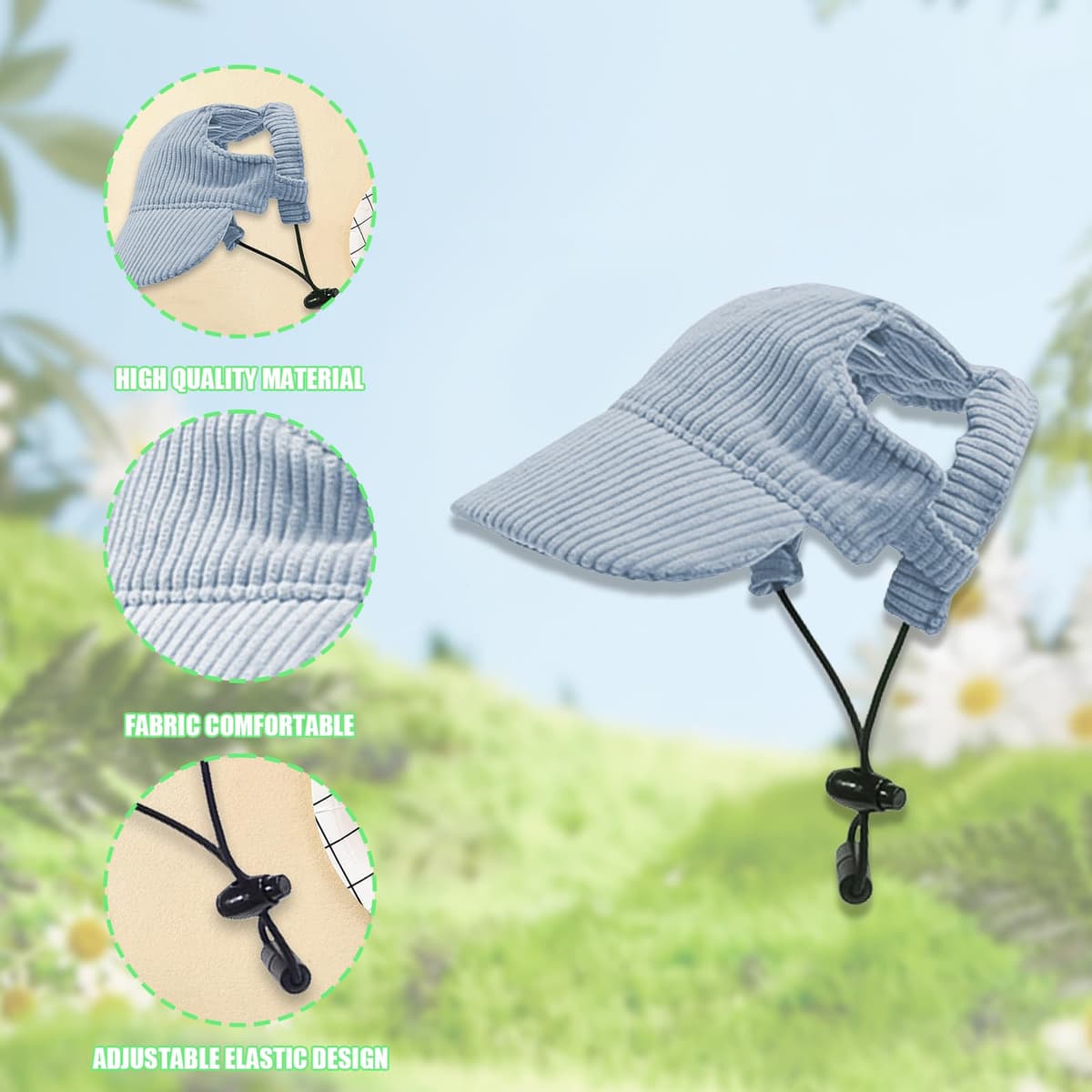 Dog Baseball Cap, Dog Cat Summer Beach Visor Hat with Ear Holes, Adjustable Puppy Sunbonnet Headdress (Blue, Large) — view 3