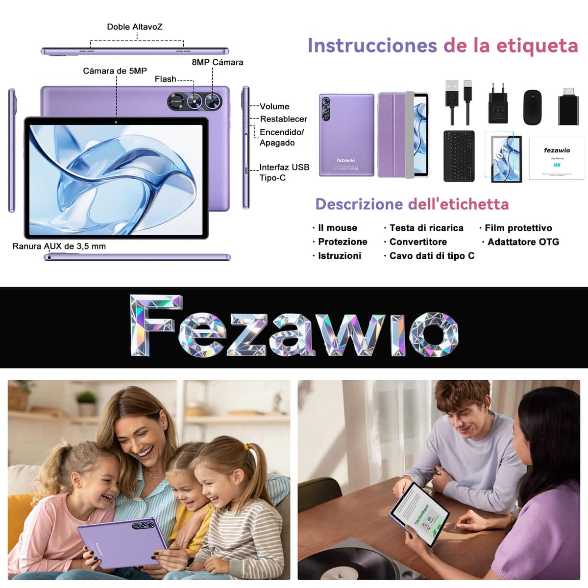 fezawio Android 15 Tablet 10 Pulgadas Gemini AI, Tablet PC Octa-Core, 30 GB RAM + 64 GB ROM (1TB TF), 3.5mm Audio/GMS/WiFi 6 & BT 5.0 / 6000mAh / GPS/Widevine L1, Tableta con Teclado-Morado — view 8