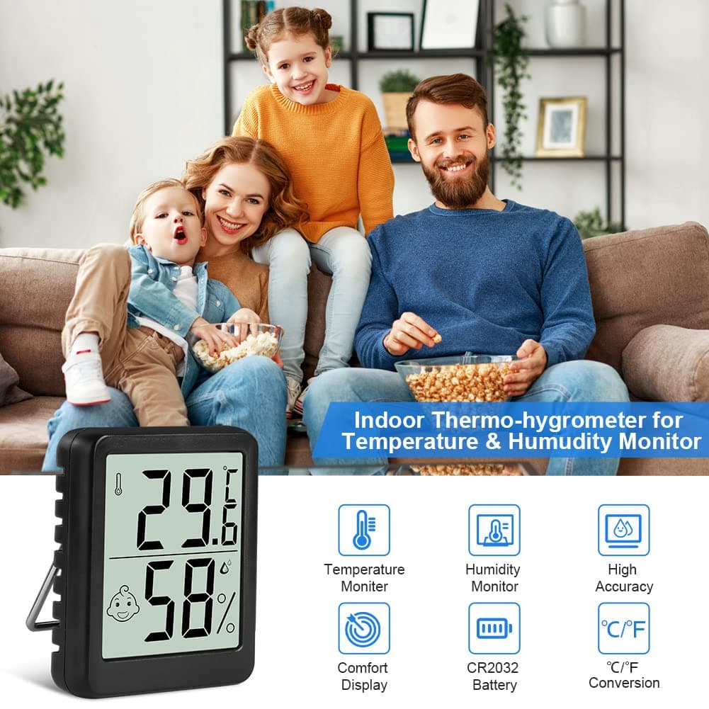 Flintronic Thermometer Hygrometer, 3PCS Digital Mini Thermometer and Hygrometer with Metal Stand, Thermohygrometer with Smile Face Indicating Data for Indoor, Living Room, Baby Room, Office (Black) — view 5