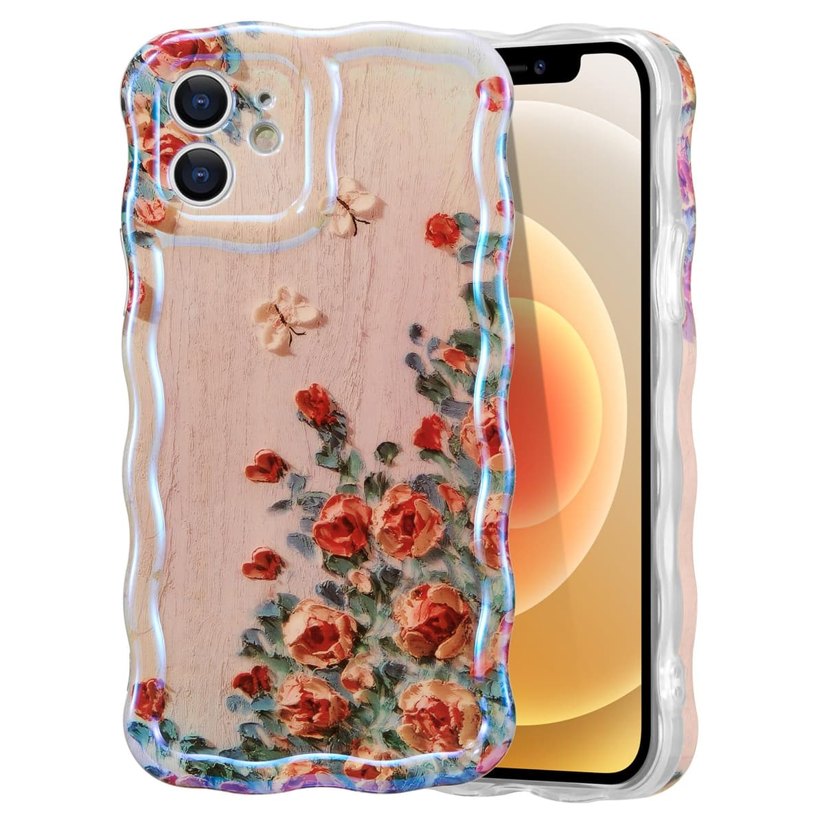 EYZUTAK Case for iPhone 16, Colorful Retro Oil Painting Printed Flower Laser Glossy Pattern Cute Curly Wave Edge Exquisite Phone Cover Stylish Durable TPU Protective Case for Girl Women-Green — view 62