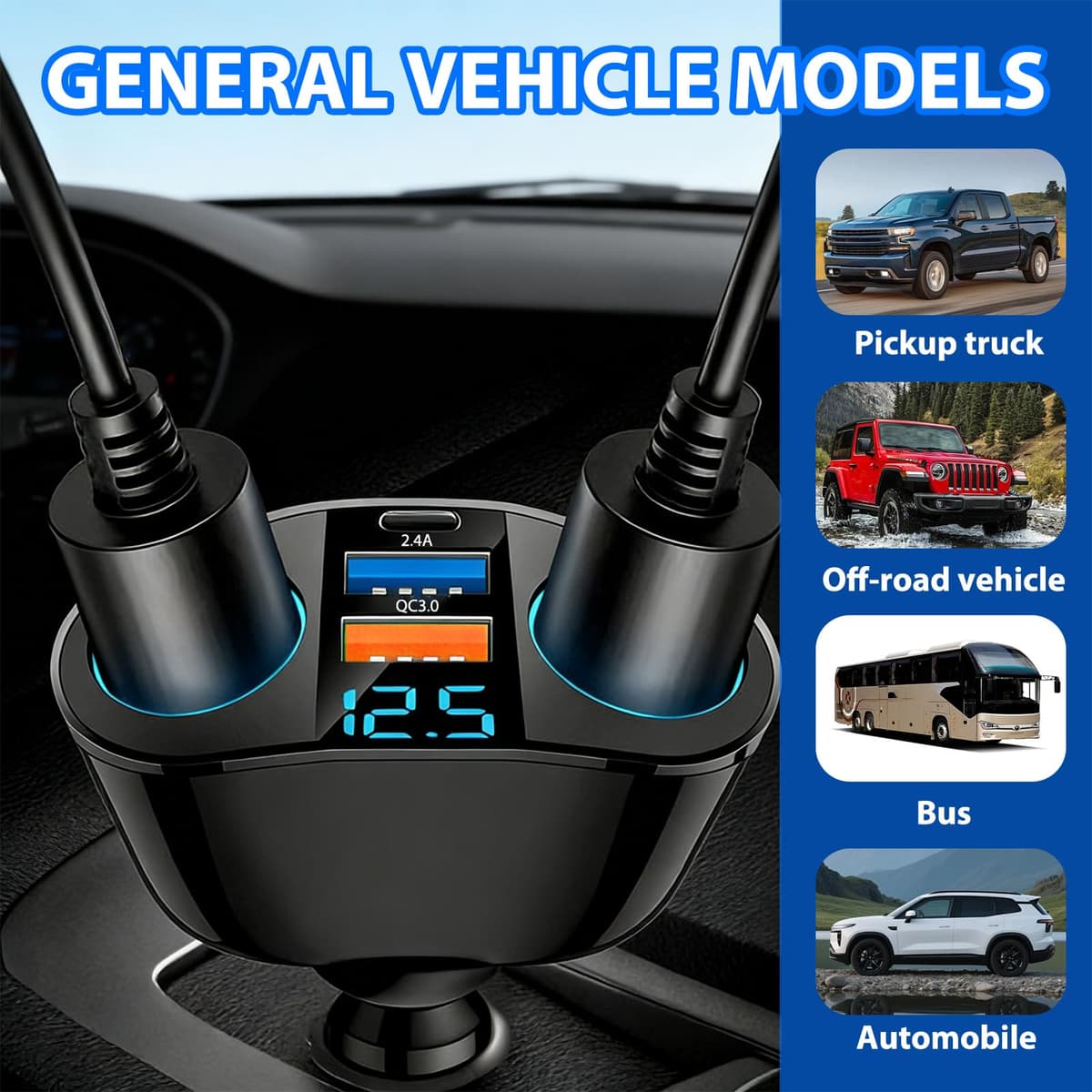 120W Car Cigarette Lighter Adapter, Dual USB QC3.0 & PD 12V/24V Multi Socket Car USB Charger Splitter Double Cigarette Lighter with LED Voltmeter Fast Charging for Phones GPS Dashcam Vehicle Devices — view 5
