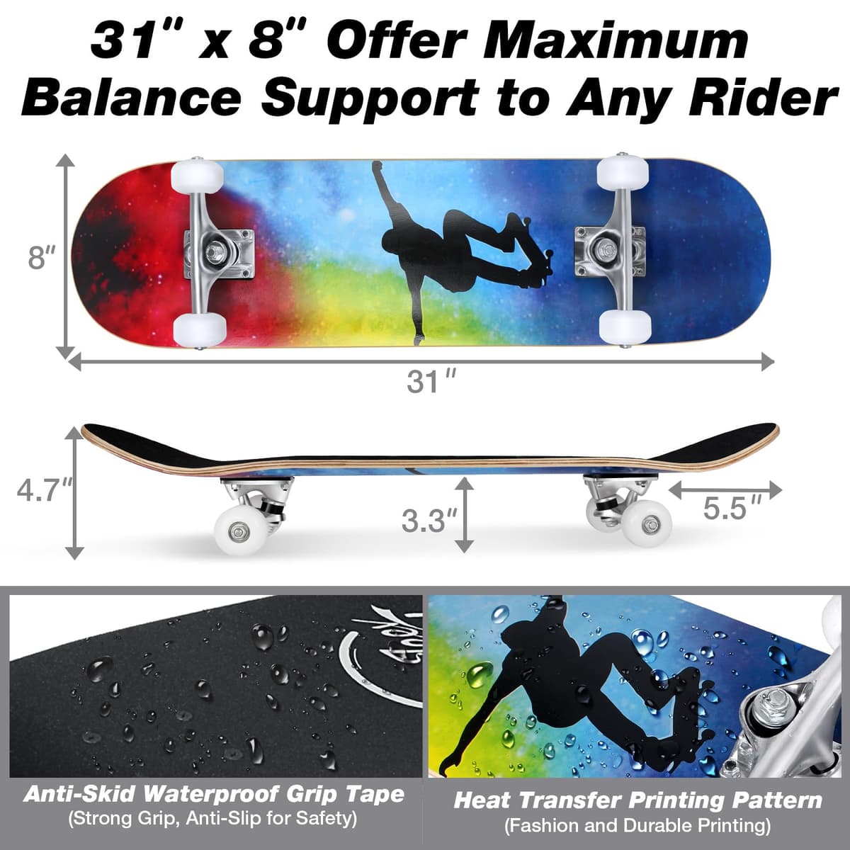 BELEEV Skateboards 31x8 para Principiantes, Niños, Adolescentes y Adultos, Completo Pro Cruiser Skateboard para Niña Niño, Arce Canadiense de 7 Capas, Doble Bandeja Cóncava, con Herramienta en T — view 5