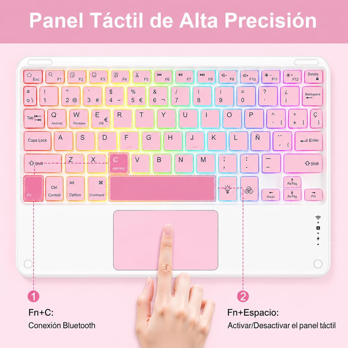 Teclado Bluetooth con Touchpad para iPad,Teclado Español Ñ Inalámbrico Retroiluminado para Tablets,Android,iOS y Windows,Teclado con 7 Colores Recargable Portátil QWERTY para iPad,Samsung,Huawei — view 5