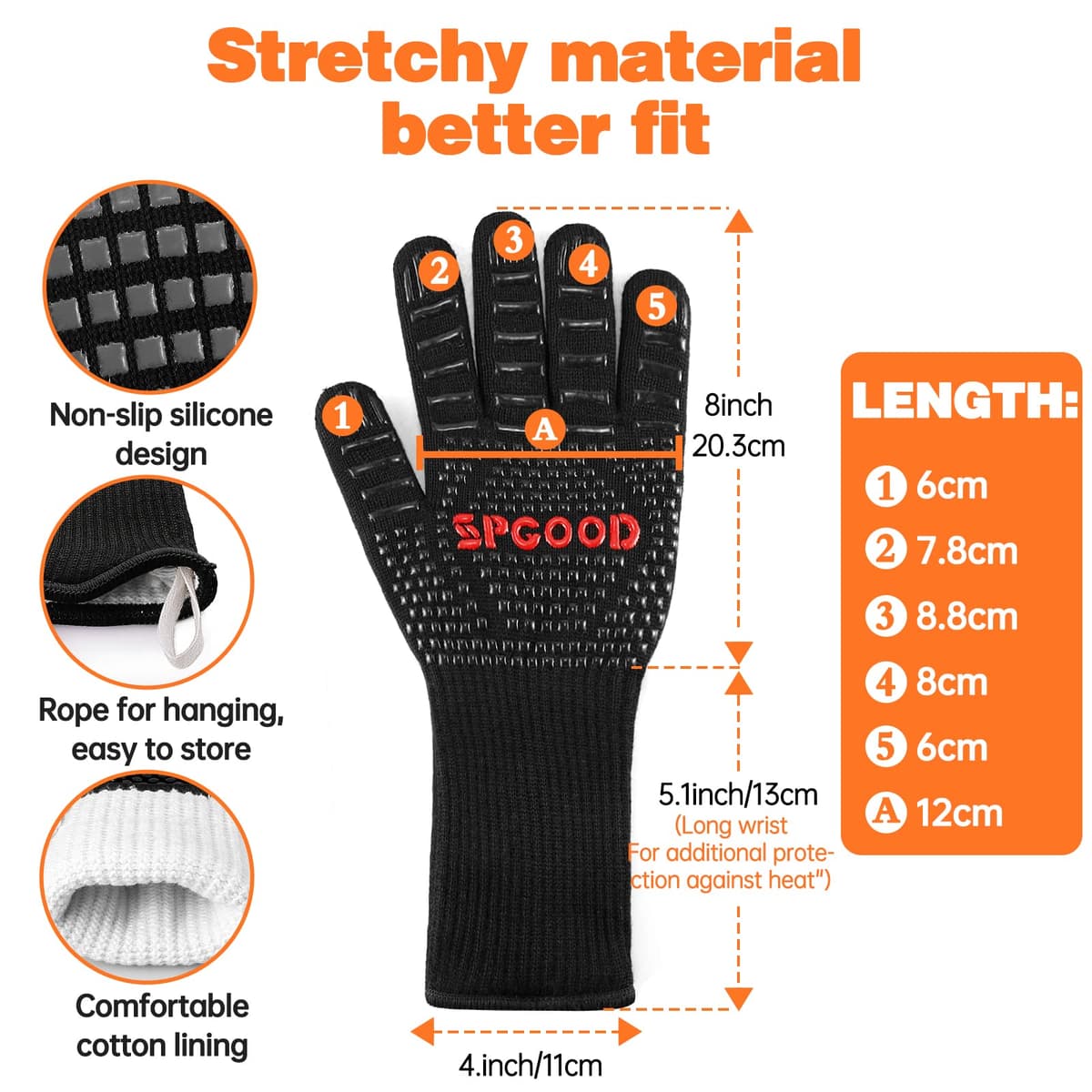 SPGOOD Guantes Barbacoa Guantes Horno Altas temperaturas Largos, BBQ Guantes Resistentes al Calor hasta 800℃ para Cocina, Parrilla, Hornear, Microondas, Chimenea Negro（L/XXL） — view 2