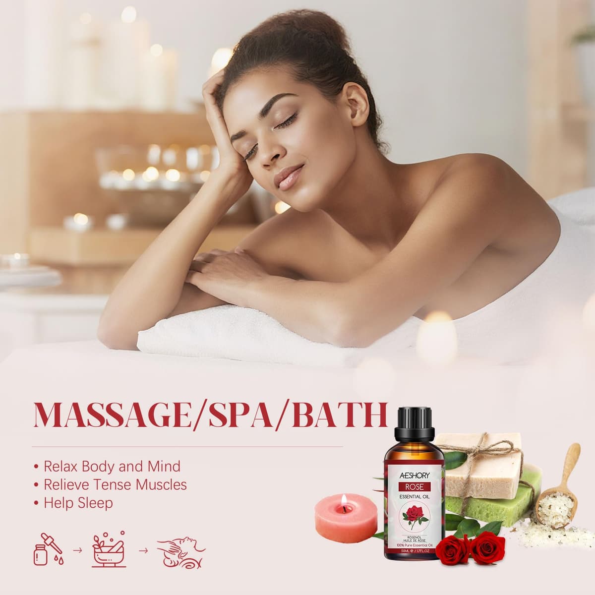 AESHORY Aceite Esencial de Rosa 50ML, Natural Aceite de Aromaterapia de Rosa, Aceites de Fragancia Premium para Humidificador, Masaje, Baño, Cuidado la Piel, Relajación y Calma — view 5