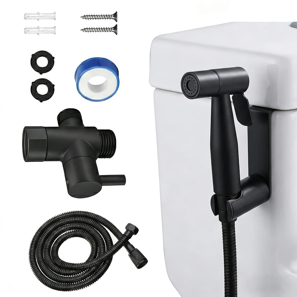 Grifo Bidet para WC Ducha Higiénica de Acero Inoxidable con Manguera 1.5m, para Higiene Personal y Limpieza de Mascotas Incluye Adaptador G1/2 (Negro)