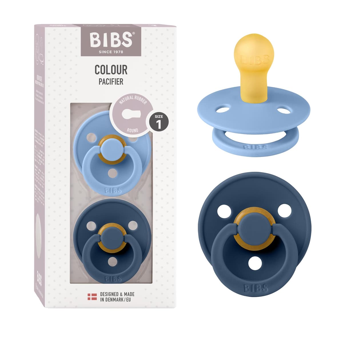 BIBS Colour Soother 2-Pack, BPA Free Dummy Pacifier, Round Nipple. Natural Rubber Latex, Size 2 (6-18 Months), Sky Blue/Steel Blue — view 26