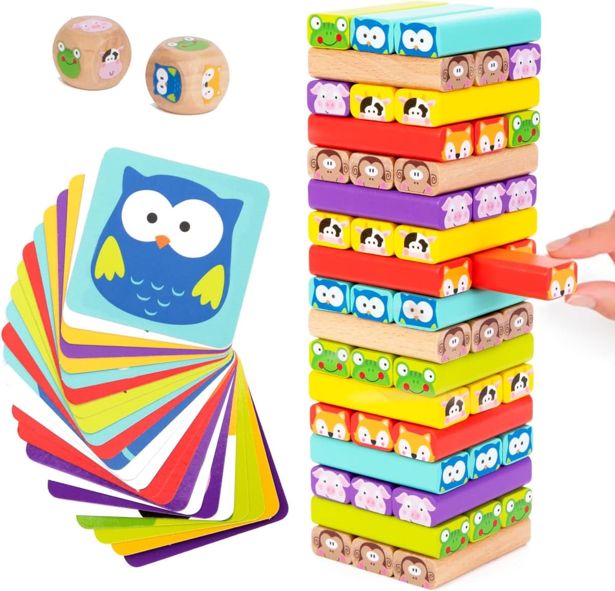 Nene Toys 4 in 1 Wooden Blocks Tower with Colors and Animals - Educational Family Board Game for Boys Girls Ages 3-9 - Gift for Parent-Child Sharing