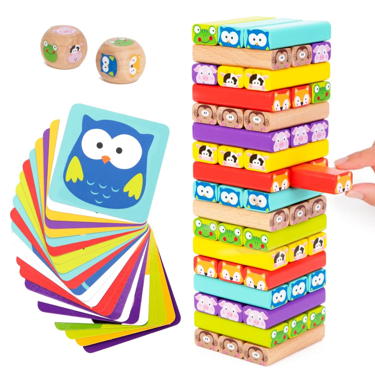 Nene Toys 4 in 1 Wooden Blocks Tower with Colors and Animals - Educational Family Board Game for Boys Girls Ages 3-9 - Gift for Parent-Child Sharing