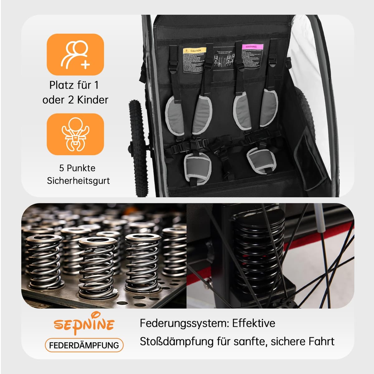 SEPNINE Remolque Infantil 2 en 1 y Cochecito con suspensión, Remolque de Bicicleta para 1 a 2 niños máximo, función de Jogger, Plegable, Amplio Maletero — view 5